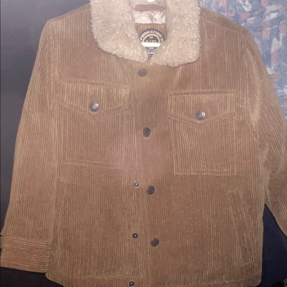 Urban Republic Brown Corduroy Pea Coat with Cream Shearling Collar